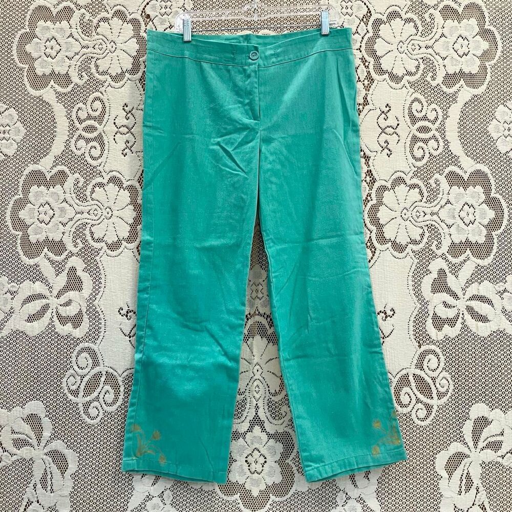 Cezanne linen blend teal capri pants with handpainted gold embelishments on hem